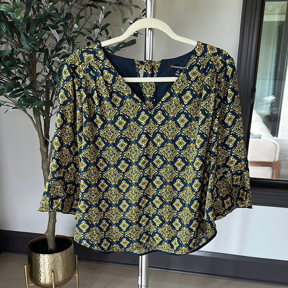 41 Hawthorn Blue and Yellow Boxy Blouse with Relaxed Fit